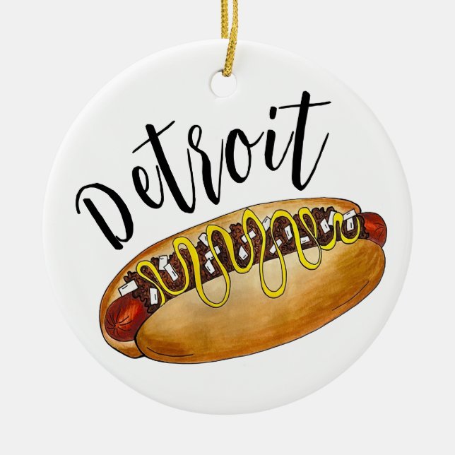 Detroit Michigan MI Coney Island Hot Dog Hotdog Ceramic Tree Decoration (Front)