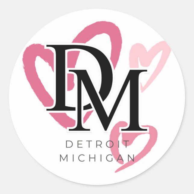 Detroit Michigan Pink Hearts Classic Round Sticker (Front)