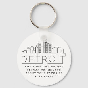 Detroit, Michigan Stylized Skyline   Custom Slogan Key Ring