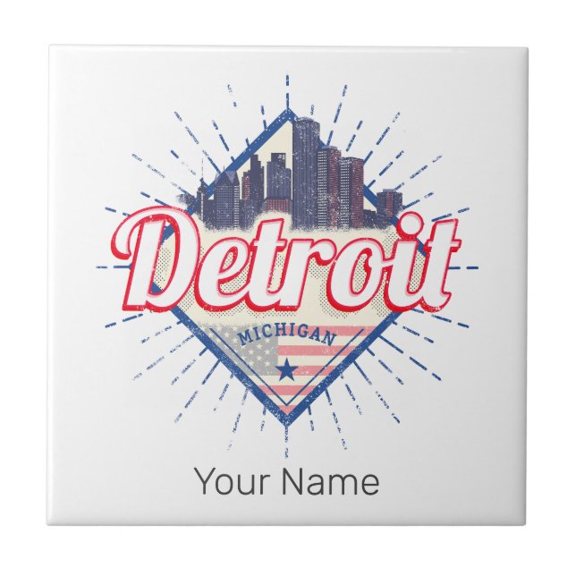 Detroit Michigan United States Skyline Vintage USA Tile (Front)
