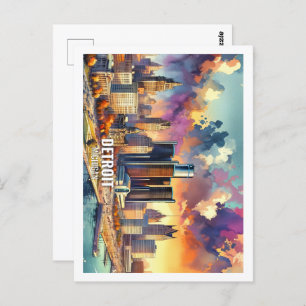 Detroit Michigan USA Famous Place watercolor Postcard