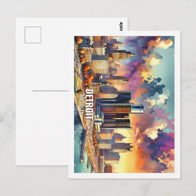 Detroit Michigan USA Famous Place watercolor Postcard (Front/Back)
