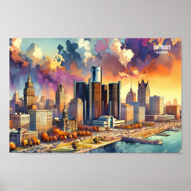 Detroit Michigan USA Travel Places watercolor Poster (Front)