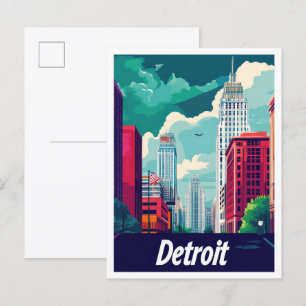 Detroit Michigan Vintage Travel Illustration Postcard