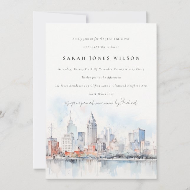 Detroit Michigan Watercolor Landscape Birthday Invitation (Front)