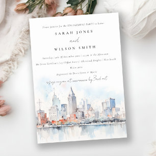 Detroit Michigan Watercolor Landscape Engagement Invitation