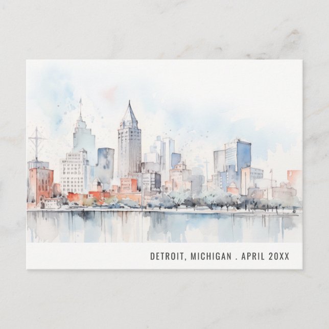 Detroit Michigan Watercolor Landscape Travel Holiday Postcard (Front)