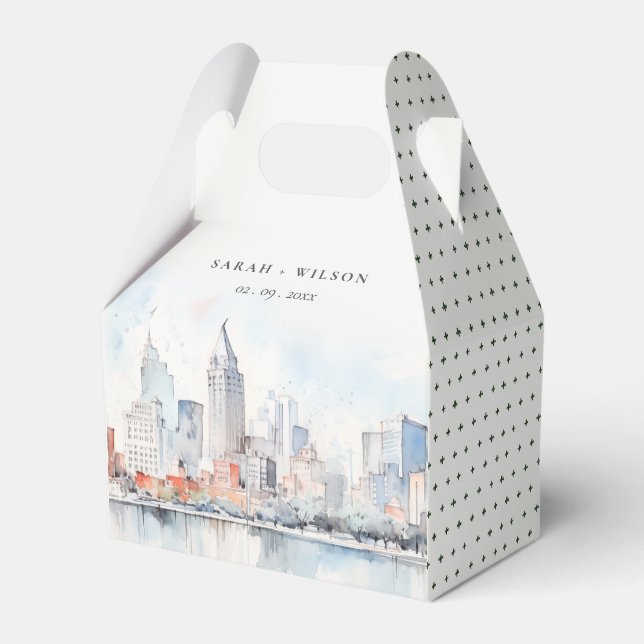 Detroit Michigan Watercolor Landscape Wedding Favour Box (Front Side)