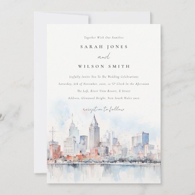 Detroit Michigan Watercolor Landscape Wedding Invitation (Front)
