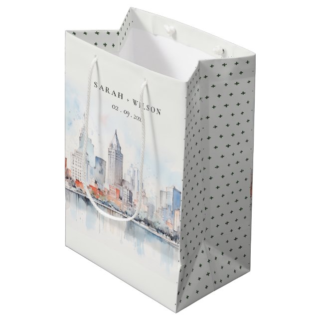 Detroit Michigan Watercolor Landscape Wedding Medium Gift Bag (Front Angled)