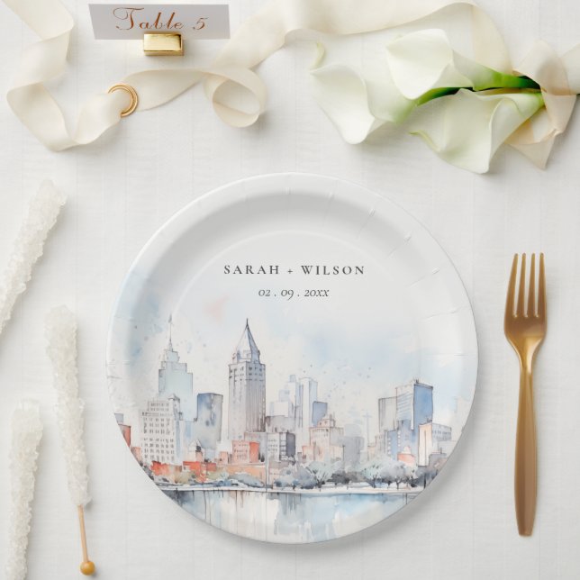 Detroit Michigan Watercolor Landscape Wedding Paper Plate (Wedding)
