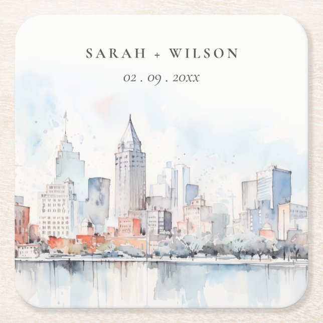 Detroit Michigan Watercolor Landscape Wedding Square Paper Coaster (Front)