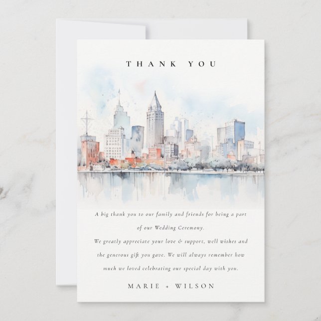 Detroit Michigan Watercolor Landscape Wedding Thank You Card (Front)