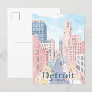 Detroit Michigan Watercolor Painting Travel Postcard