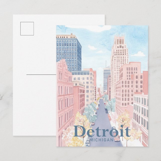 Detroit Michigan Watercolor Painting Travel Postcard (Front/Back)