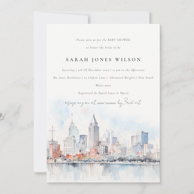 Detroit Michigan Watercolor Scape Baby Shower Invitation (Front)