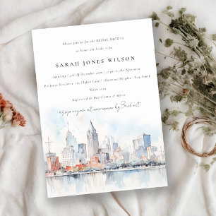 Detroit Michigan Watercolor Scape Bridal Shower Invitation