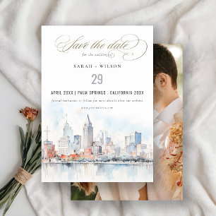 Detroit Michigan Watercolor Scape Photo Wedding Save The Date