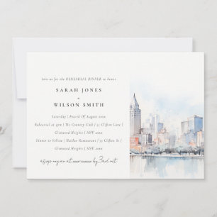 Detroit Michigan Watercolor Scape Rehearsal Dinner Invitation