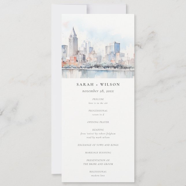 Detroit Michigan Watercolor Scape Wedding Program Invitation (Front)