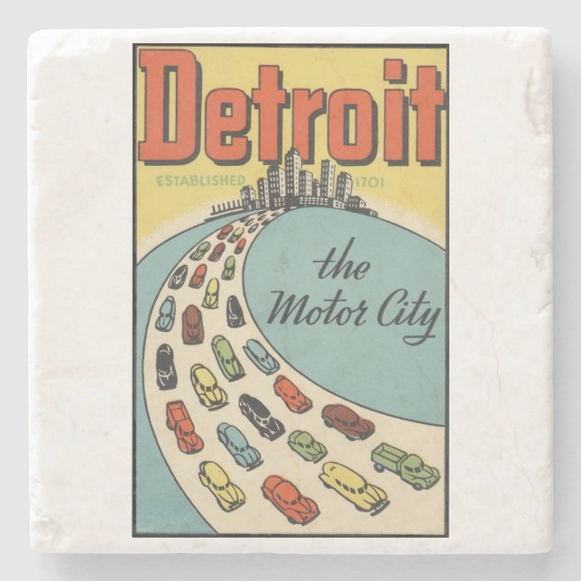 Detroit motor city vintage art stone coaster (Front)