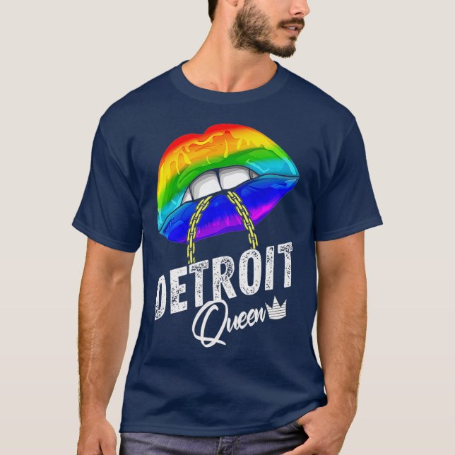 Detroit Queen LGBTQ Gay Pride Rainbow Flag City T-Shirt (Front)
