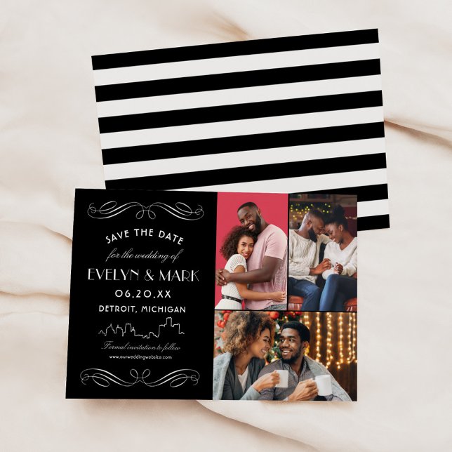 Detroit Skyline Art Deco Photo Collage Wedding Save The Date (Creator Uploaded)