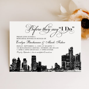 Detroit Skyline Art Deco Wedding Rehearsal Dinner Invitation