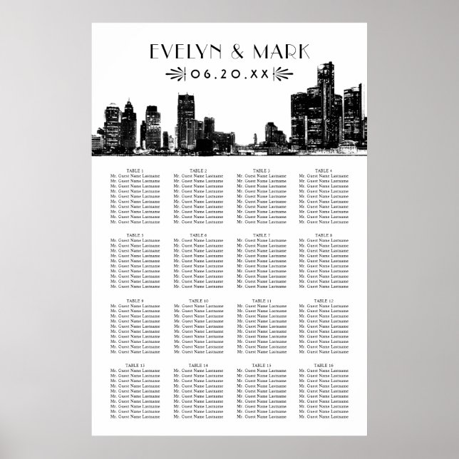 Detroit Skyline Art Deco Wedding Seating Poster (Front)