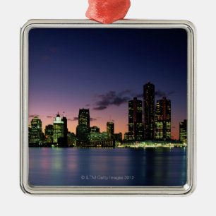 Detroit Skyline at Dusk 2 Metal Tree Decoration