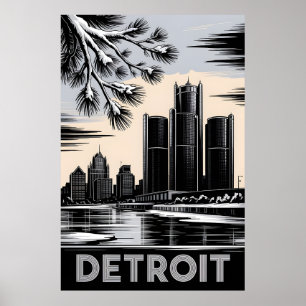 Detroit Skyline Black and White Woodcut Winter Poster