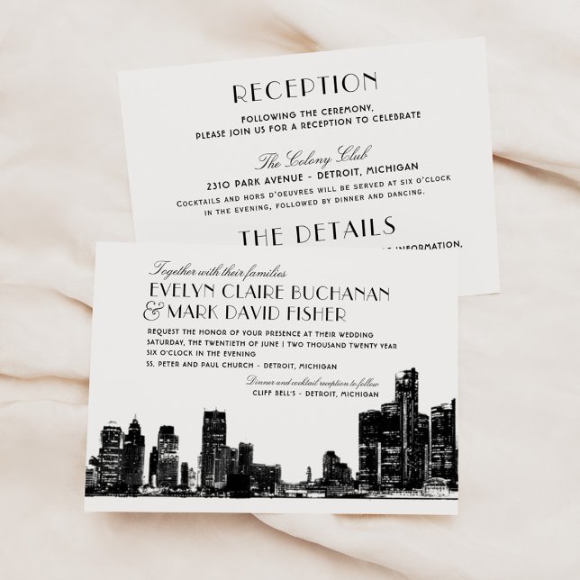Detroit Skyline Black Art Deco Wedding Invitation (Creator Uploaded)