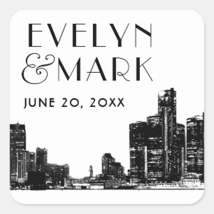 Detroit Skyline Black Art Deco Wedding Monogram Square Sticker