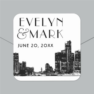 Detroit Skyline Black Art Deco Wedding Monogram Square Sticker
