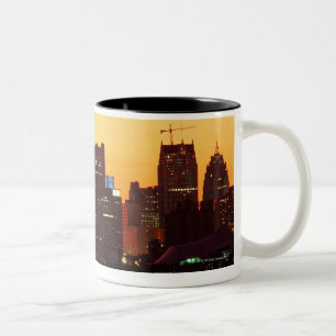 Detroit skyline in colourful sunset Two-Tone coffee mug