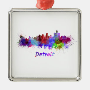 Detroit skyline in watercolor metal tree decoration