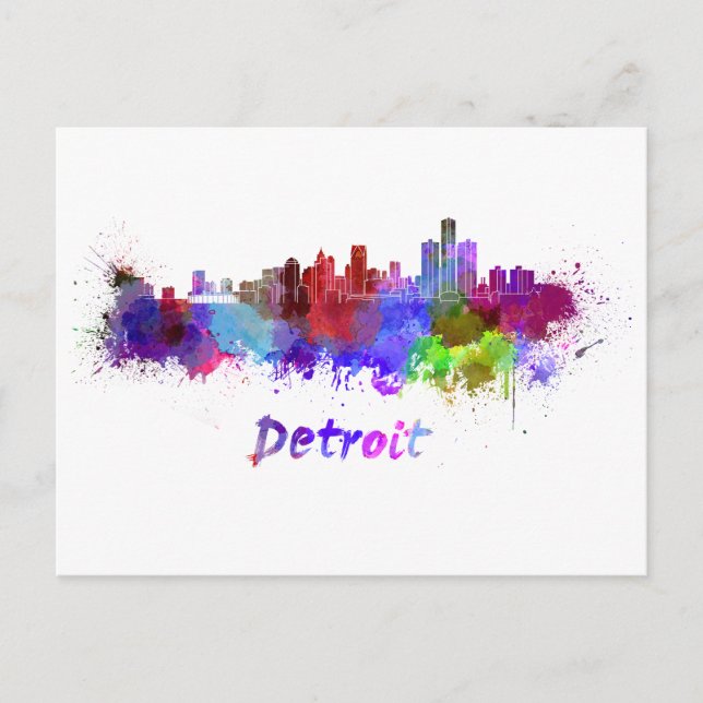 Detroit skyline in watercolor postcard (Front)