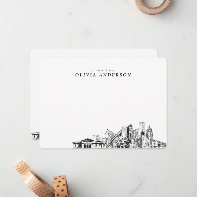 Detroit Skyline Sketch Personalised Note Cards (Front/Back In Situ)