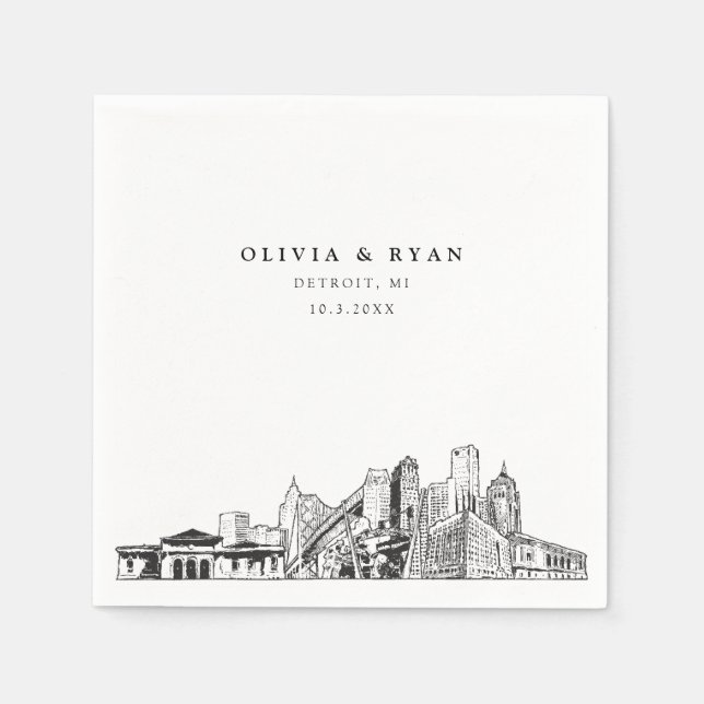 Detroit Skyline Wedding Paper Cocktail Napkin (Front)