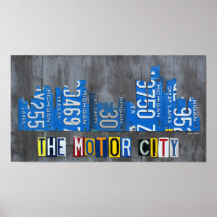 Detroit The Motor City Skyline License Plate Art Poster