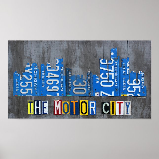 Detroit The Motor City Skyline License Plate Art Poster (Front)