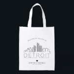 Detroit Wedding | Stylised Skyline Reusable Grocery Bag<br><div class="desc">A unique wedding bag for a wedding taking place in the beautiful city of Detroit.  This bag features a stylised illustration of the city's unique skyline with its name underneath.  This is followed by your wedding day information in a matching open lined style.</div>