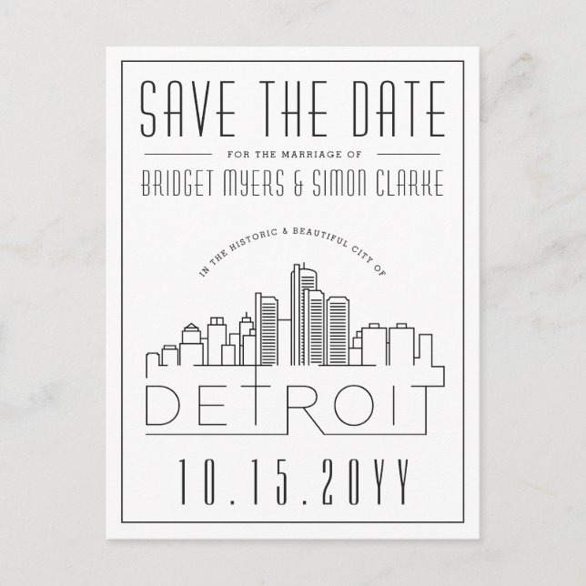 Detroit Wedding | Stylised Skyline Save the Date Postcard (Front)