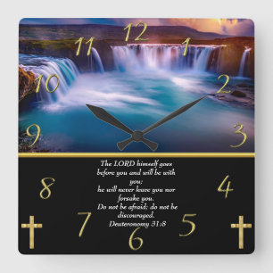 Deuteronomy 31:8 Christian Faith a waterfall   Square Wall Clock