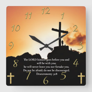  Deuteronomy 31:8 cross on a mountain   Square Wall Clock
