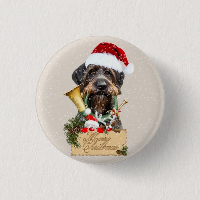 Deutsch Drahthaar, Merry Christmas! Magnet 3 Cm Round Badge (Front)