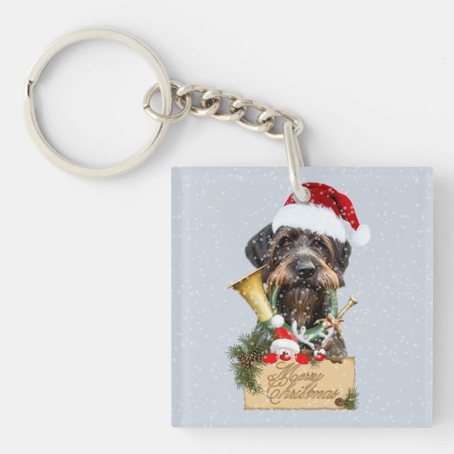 Deutsch Drahthaar, Merry Christmas! Magnet Button Key Ring (Front)