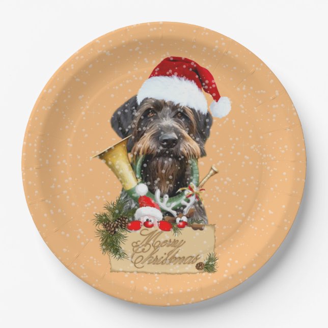 Deutsch Drahthaar, Merry Christmas! Magnet Button  Paper Plate (Front)