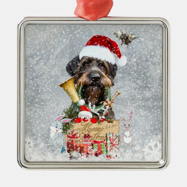 Deutsch Drahthaar, Merry Christmas!  Metal Tree Decoration (Front)