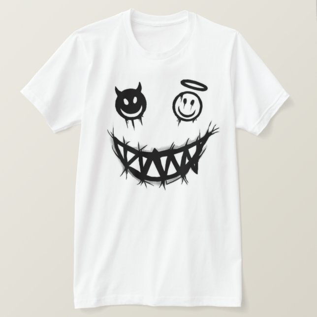 Devil and Angel Smiley Face Grungy Monster Teeth  T-Shirt (Design Front)